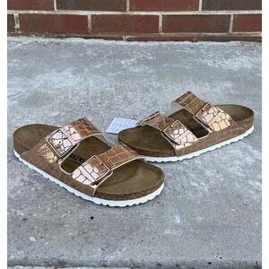 Birkenstock Arizona Gator Gleam Copper Rose Gold Women’s Sandals, US 7 | 38